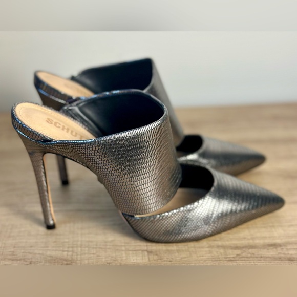 SCHUTZ Quereda Women’s Silver Metallic Heeled Leather Sole Mules Size 9B - Picture 4 of 12